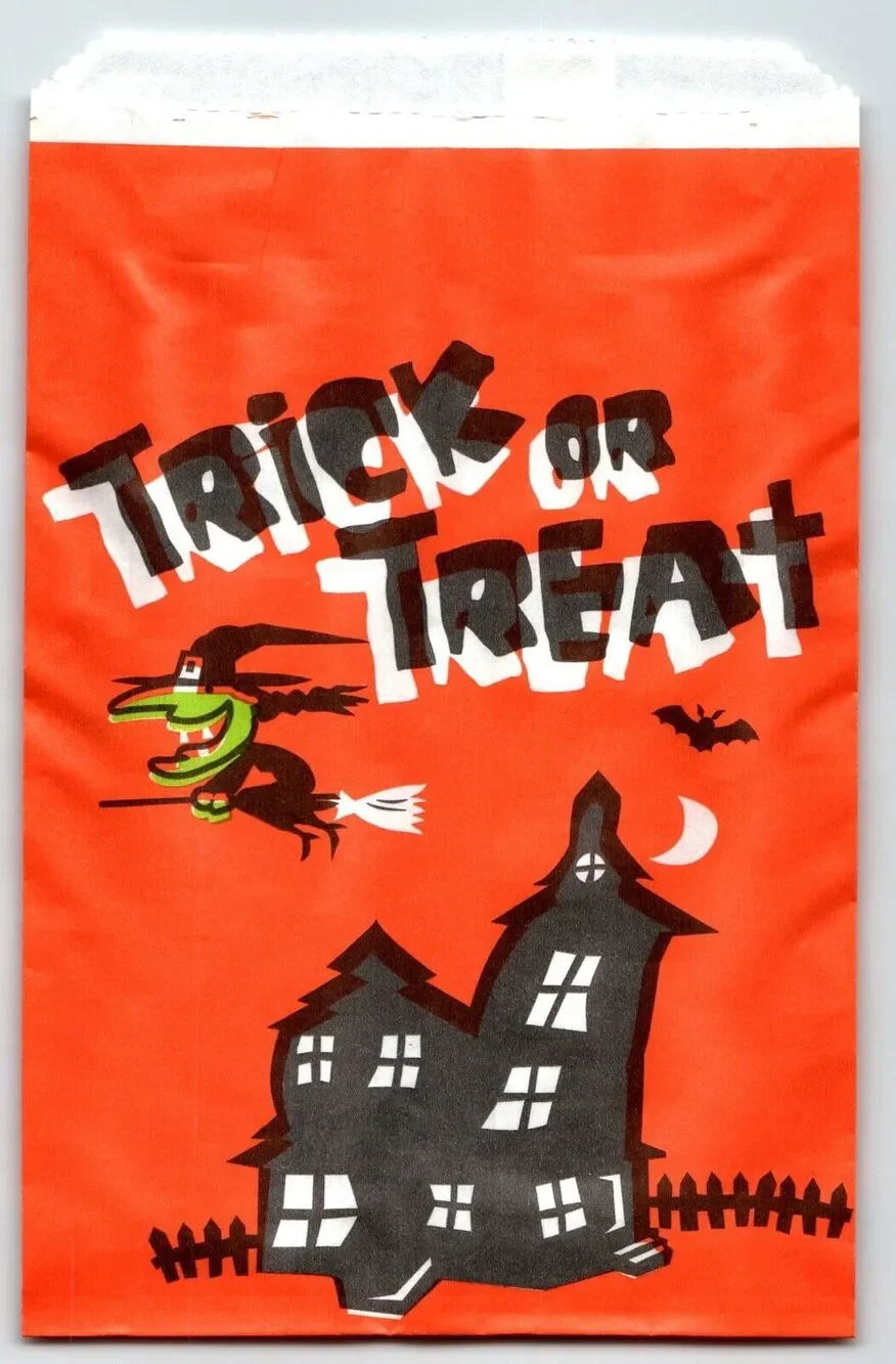 Trick Or Treat Halloween Candy Goodie Bag Flying Green Face Witch On Broom Moon